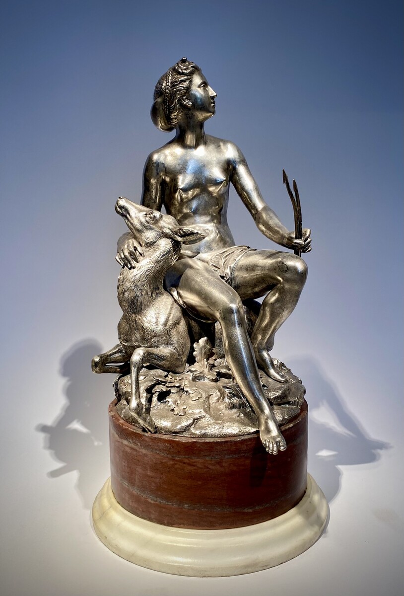 Silvered bronze sculpture of Diana the Huntress