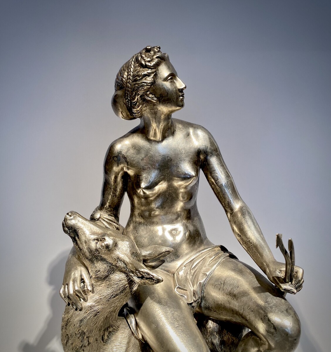 Silvered bronze sculpture of Diana the Huntress