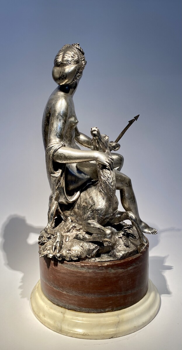 Silvered bronze sculpture of Diana the Huntress